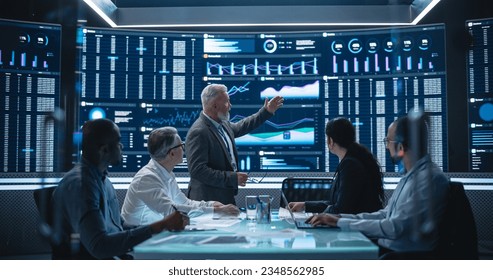 Senior Manager Holding a Financial Results Meeting with a Group of Fintech Investors and Partners. Diverse Team Celebrating Successful Year Over Year Profits, Cheering and Clapping Hands