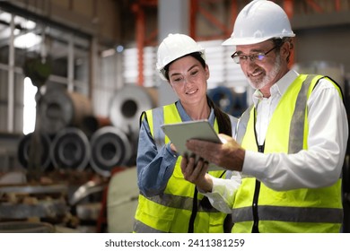 Senior manager train female technician working in metalwork production factory. Industrial engineer teamwork standing in manufacturing facility talking machinery maintenance in heavy steel industry. - Powered by Shutterstock