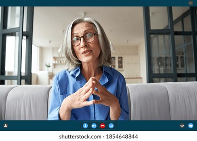 Senior Mature Old Woman Online Teacher, Remote Tutor, Distance Coach Talking To Web Cam Virtual Counseling Conference Video Calling At Home Office. Web Cam View. Videocall App Screenshot Screen View