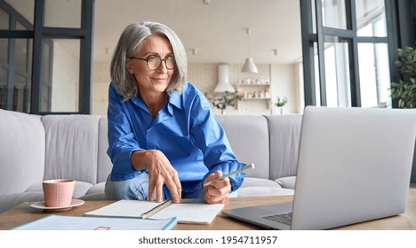 Senior Mature Older Senior Adult Professional Business Woman Working On Laptop From Home Office, Having Virtual Video Call Meeting, Watching Online Training Webinar E Learning Class Using Computer.