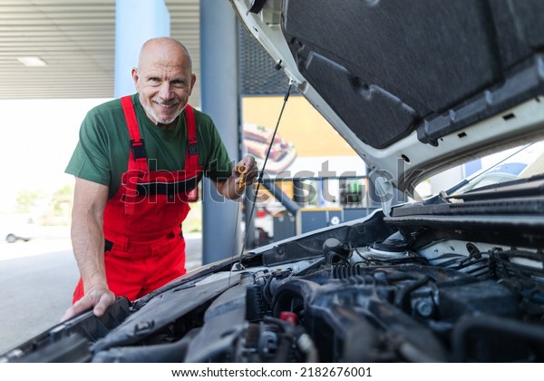 Senior\
mechanic checking the oil level in the car\
engine.