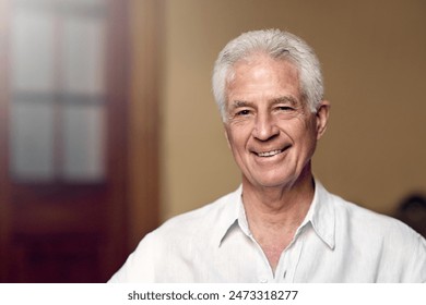 Senior men, home and portrait with smile for retirement or pension to relax, break and chill. Elderly person, happy and confident or proud and satisfied with positivity as pensioner, cheerful and joy - Powered by Shutterstock