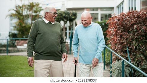 Senior men, laughing and bonding in retirement home as pensioner for activity, walk and relax. People, elderly care and friends for outdoor in garden, park or backyard in nursing village or community - Powered by Shutterstock