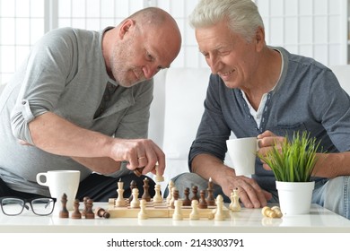 Senior Men Playing Chess At Home