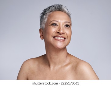 Senior model, beauty and smile on face for makeup, cosmetics and skincare with vision in studio. Elderly black woman, cosmetic wellness and happy for skin glow, radiant and health by grey background - Powered by Shutterstock