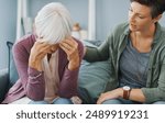 Senior mom, stress and daughter with support for mental health crisis, compassion and dementia in home. Elderly mother, sad and woman with empathy for retirement debt, kindness and financial mistake