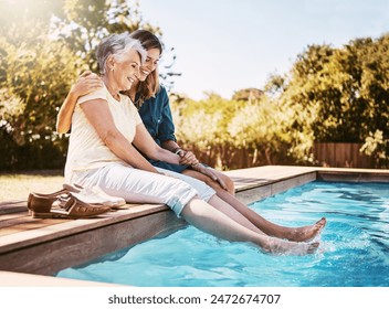 Senior mom, woman and happiness by pool for bonding, hug or relax with lens flare in garden. Mother, daughter and outdoor with smile for wellness, family with embrace or love and feet in water - Powered by Shutterstock