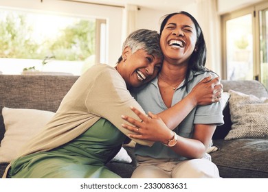 Senior mother, funny and hug woman in living room, bonding and laughing together. Happy, elderly mom and embrace person, relax and smile with care, love and enjoying time on home sofa with family. - Powered by Shutterstock