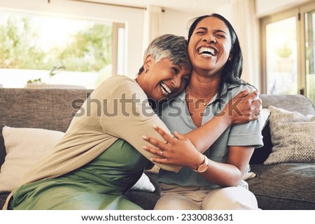 Senior mother, funny and hug woman in living room, bonding and laughing together. Happy, elderly mom and embrace person, relax and smile with care, love and enjoying time on home sofa with family.