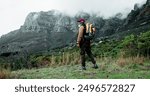 Senior, mountain or black man hiking in nature adventure or journey in woods or outdoor travel. View, forest and person thinking on trail walking for holiday, break or trekking to explore in France