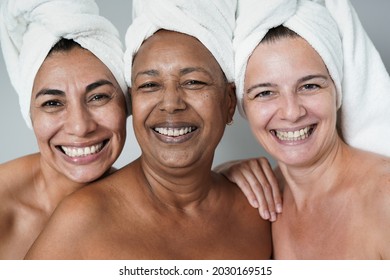 Senior Multiracial Women Enjoy Beauty Day - Diverse Elderly Friends Looking And Smiling On Camera