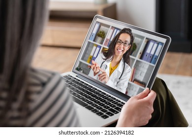 Senior Old Elderly Pensioner Woman Grandmother Having Videocall Conversation Meeting Virtual Conference With A Doctor Telling About Health Problems On Laptop Remotely, Telemedicine Concept