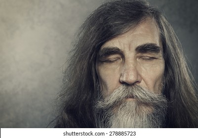 Senior Old Man Eyes Closed, Elderly People Portrait, Aged Face Close Up