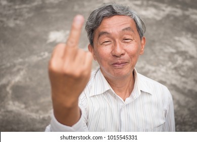 Senior Old Man Flipping Middle Finger, Rude Hand Sign Gesture