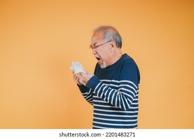 Senior Old Man Sneezing With Tissue, Asian Elderly Man Sick, Cold Having Fever And Flu Sinus From Sickness Virus Problem Use Tissue, Pensioner Unwell On The Yellow Background