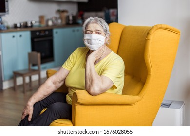 Senior Old Woman In Mask Quarantine Europe. Elderly At Risk For Coronavirus Covid-19. Stay At Home. Chinese Virus Pneumonia Pandemic Protection Grandmother. Danger Of Getting Infected