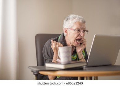 Senior Old Woman Screaming At Her Laptop, Enraged With News