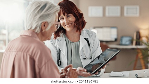 Senior patient, brain scan or doctor with tablet for good news, research or medical diagnosis in hospital. Neurology advice, women or results on touchscreen for healthcare, MRI exam or test feedback - Powered by Shutterstock