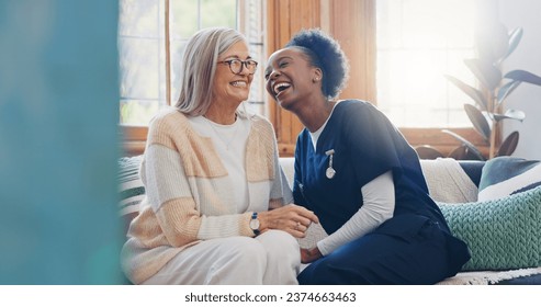 Senior patient, funny or happy caregiver talking for healthcare support at nursing home clinic. Smile, women laughing or nurse speaking of joke to a mature person or woman in a friendly conversation - Powered by Shutterstock