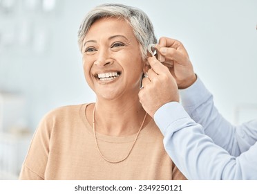 Senior patient, hearing aid and doctor hands, ear and listening, help and trust, healthcare and medicine. Medical tech, consultation with ENT specialist and health, happy woman and people at clinic - Powered by Shutterstock