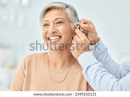 Senior patient, hearing aid and doctor hands, ear and listening, help and trust, healthcare and medicine. Medical tech, consultation with ENT specialist and health, happy woman and people at clinic