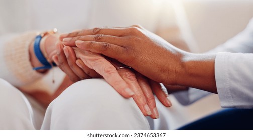 Senior patient, holding hands or consulting a nurse for support or empathy for healthcare help. Closeup, psychology or elderly person in counselling with calm caregiver in nursing home for therapy - Powered by Shutterstock