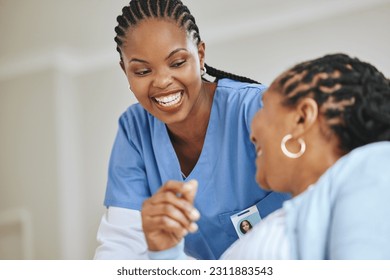 Senior patient, laughing and woman nurse together for support, healthcare and happiness. Black person and happy caregiver in retirement home for trust, elderly care and help for health and wellness - Powered by Shutterstock