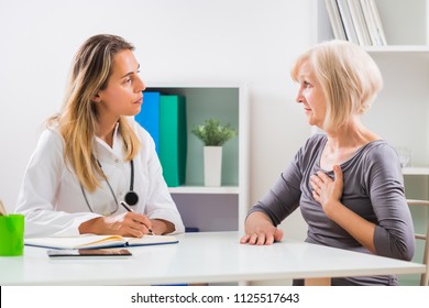 Senior Patient Telling Female Doctor How She Is Having Pain In Her Chest.