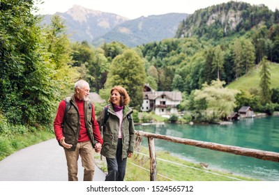 A senior pensioner couple hiking in nature, holding hands. - Shutterstock ID 1524565712