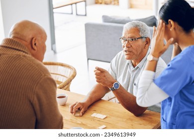 Senior people, conflict and nurse with stress or headache from working with elderly men or woman with burnout or migraine. Tired, frustrated or caregiver with fight or argument in nursing home - Powered by Shutterstock