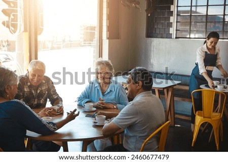 Senior, people and group relax at cafe on holiday or reunion on vacation in retirement. Elderly, friends and talk at coffee shop for brunch with latte, espresso and drink cappuccino and chat in city