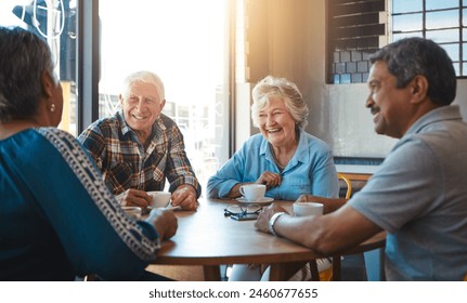 Senior, people and group relax at coffee shop on holiday or reunion on vacation in retirement. Elderly, friends and talking at cafe for brunch with latte, espresso and drink cappuccino and chat - Powered by Shutterstock