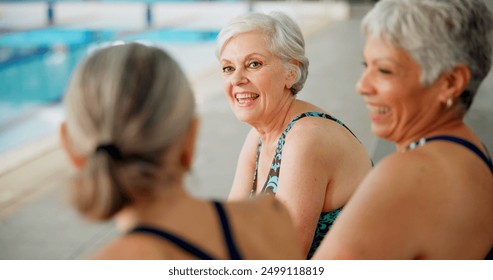 Senior people, happy and class for swimming, wellness and mental health by indoor pool facility. Elderly group, portrait and fun in retirement with diversity for fitness, exercise and rehabilitation - Powered by Shutterstock