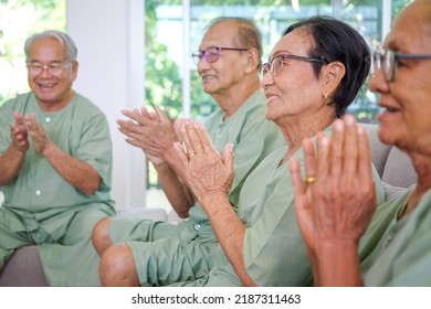 Senior People Having Activities Together In Nursing Home, Elderly Patients Enjoying To Listen Musics And Sing Songs With Happiness In Almshouse, Elders Group Portrait, Happy Seniors Concept