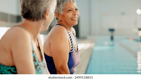 Senior people, pool and smile for conversation, wellness and mental health by indoor swimming facility. Friends, talking and happy by water with retirement for fitness, exercise and rehabilitation - Powered by Shutterstock