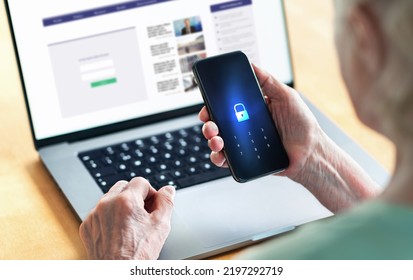 Senior And Phone With Lock Password To Protect Data In Online Bank Website. Old Woman With Smartphone. Cyber Security And Personal Information Safety And Privacy From Hacker Fraud. Elder Person.