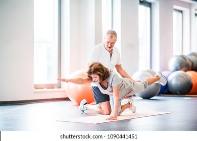 Senior physiotherapist working with a female patient.