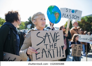 Senior With Placard And Poster On Global Strike For Climate Change.