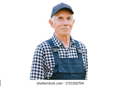 Senior Professional Worker In Overall And Cap. Aged Farmer. Old Craftsman. Isolated On White Background  