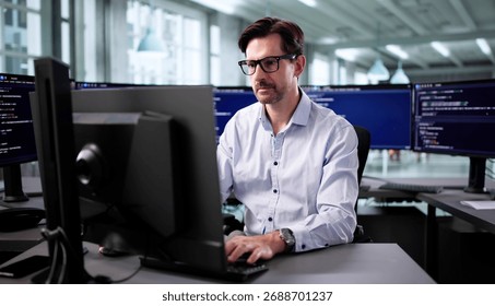 Senior Programmer Debugging Cyber Security Software At Desktop In Office