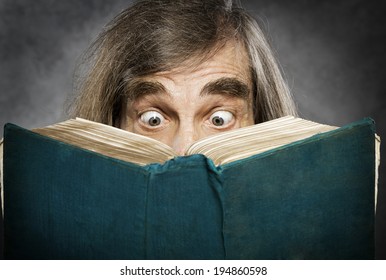 Senior Reading Open Book, Surprised Old Man, Amazing Eyes Looking Blank Cover