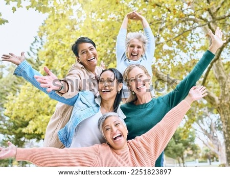 Senior retirement, portrait and hands up in fun game, goofy activity or silly energy for comic profile picture on social media. Smile, happy women and diversity elderly friends in nature park bonding