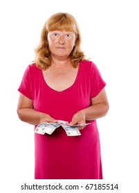 Senior Sad Woman Holding Money Isolated On White