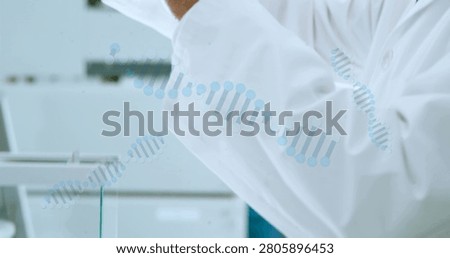 Senior scientist placing sample on balance in lab, DNA helix overlay guiding inspection for testing. Laboratory, precision, instrumentation, bench, goggles, meticulous, discovery