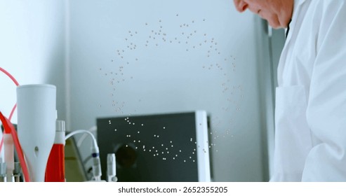 Senior scientist in white lab coat analyzing samples at lab bench, with test tubes, copy space. Research, innovation, biotechnology, clinical, precision, experimentation, scientific