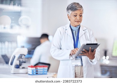 Senior scientist, woman with tablet and overlay, code with digital science data for medical research in lab. Biotech, female doctor with scientific experiment results and analytics from investigation - Powered by Shutterstock