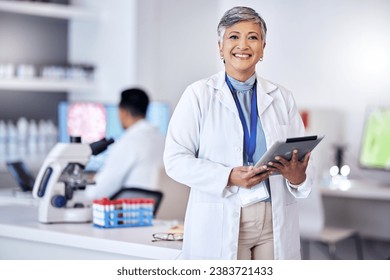 Senior scientist, woman with tablet and portrait, digital science data for medical research in lab. Biotech, female doctor with scientific experiment results and future, investigation and knowledge - Powered by Shutterstock