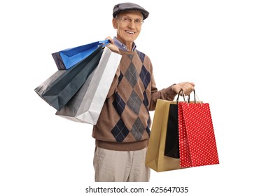 Senior with shopping bags looking at the camera and smiling isolated on white background