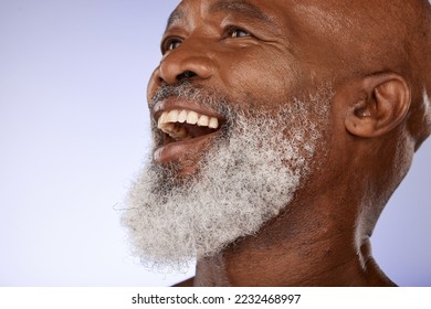 Senior, skincare and funny black man laughing on studio background for joke, happiness or wellness. Happy, smile and elderly black model, face and grey beard for male beauty, cosmetics and confidence