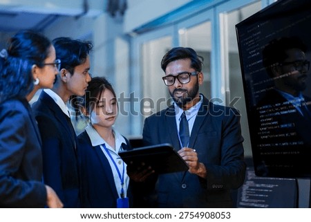 Senior software architect conducting rigorous backend code review with development team. Technical lead analyzing syntax optimization strategies on digital interface.